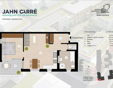 Grundriss 2-Raumwohnung, ca. 58 m², 3. Etage rechts im Jahn-Carré Dessau