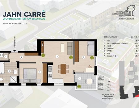Grundriss 3-Raumwohnung, ca. 71 m², 2. Etage mitte im Jahn-Carré Dessau