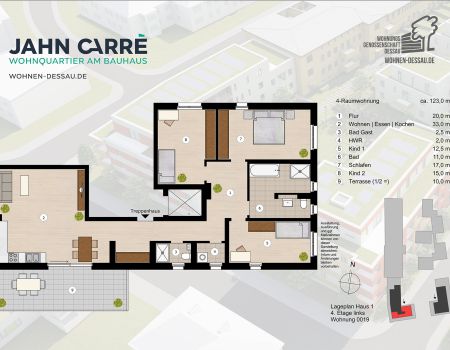 Grundriss 4-Raumwohnung, ca. 123 m², 4. Etage links im Jahn-Carré Dessau