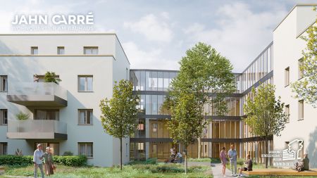 Jahn-Carré Dessau – Blick auf die entstehenden Wohnhäuser mit moderner Glasfront