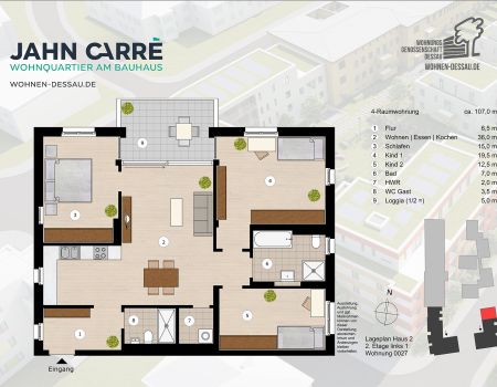 Grundriss 4-Raumwohnung, ca. 107 m², 2. Etage links im Jahn-Carré Dessau