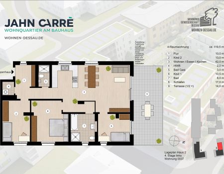 Grundriss 4-Raumwohnung, ca. 119,5 m², 4. Etage links im Jahn-Carré Dessau