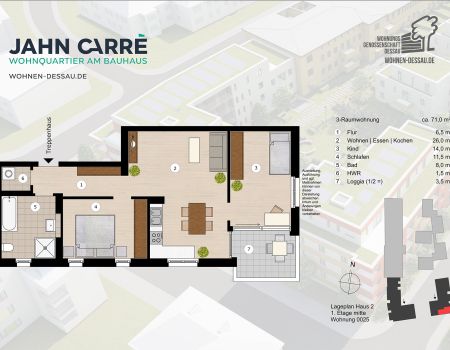 Grundriss 3-Raumwohnung, ca. 71 m², 1. Etage mitte im Jahn-Carré Dessau