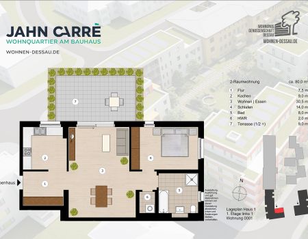 Grundriss 2-Raumwohnung, ca. 80 m², 1. Etage links im Jahn-Carré Dessau