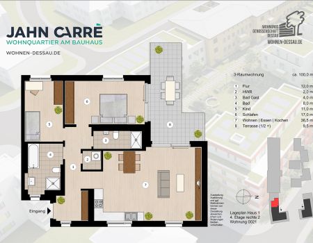 Grundriss 3-Raumwohnung, ca. 100 m², 4. Etage rechts im Jahn-Carré Dessau