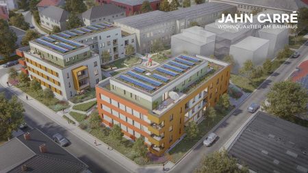 Jahn-Carré Dessau – Vogelperspektive auf die zwei neuen Wohngebäude im Neubauquartier